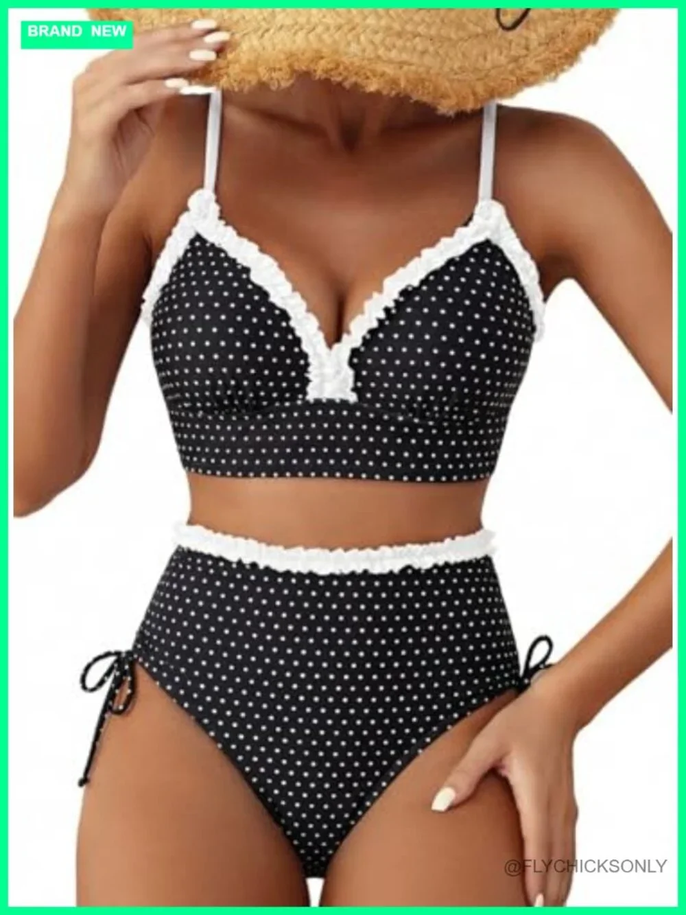 Women's Splice Ruffle Trim High Waisted Bikini Set Tie Side Swimsuits